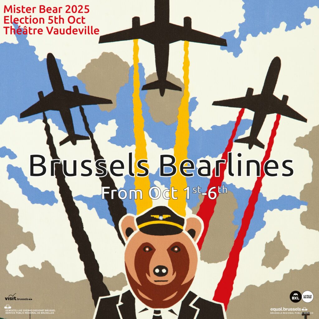 Banner displaying the dates of the next bear pride (1 to 6 October 2024) and the election on the 5th of October 2024. The Theme is Brussels Bearlines. It shows a bear with three planes in the background and the Belgium flag colours